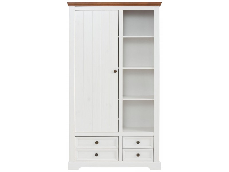 Armário estante de madeira maciça branco e marrom com 4 gavetas 1 porta e nichos com prateleiras | Athenas