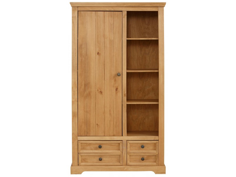 Armário estante rustico de madeira maciça acabamento em cera com 4 gavetas 1 porta e nichos com prateleiras | Athenas