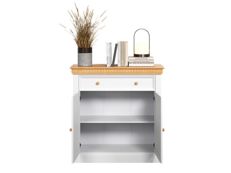 Cômoda com 2 portas e 1 gaveta na cor branco laca e mel dourado  / Coleção Bavária