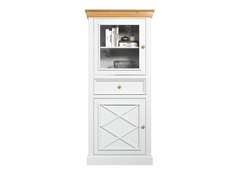 Estante cristaleira Gabinete com porta de vidro / porta de madeira e gaveta na cor branco laca e mel  dourado/ Coleção Bavária