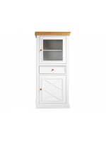 Estante cristaleira Gabinete com porta de vidro / porta de madeira e gaveta na cor branco laca e mel  dourado/ Coleção Bavária