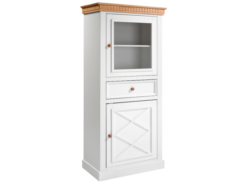 Estante cristaleira Gabinete com porta de vidro / porta de madeira e gaveta na cor branco laca e mel  dourado/ Coleção Bavária