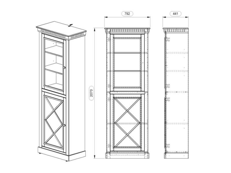 Vitrine Torre Cristaleira com porta de vidro e porta de madeira na cor branco laca e mel / Coleção Bavária