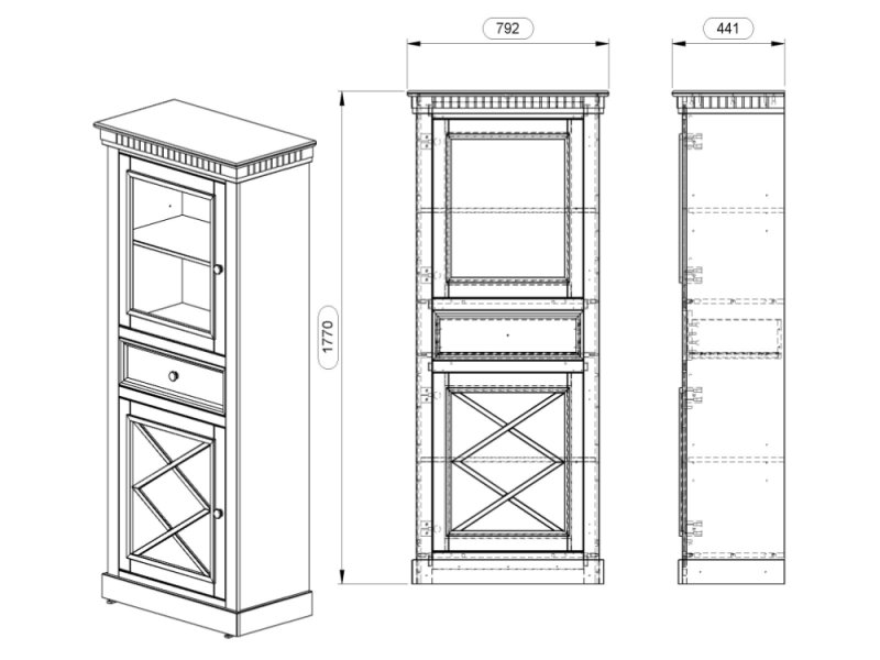 Estante cristaleira Gabinete com porta de vidro / porta de madeira e gaveta na cor branco laca e mel  dourado/ Coleção Bavária