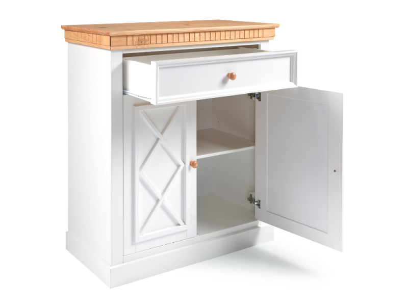 Cômoda com 2 portas e 1 gaveta na cor branco laca e mel dourado  / Coleção Bavária