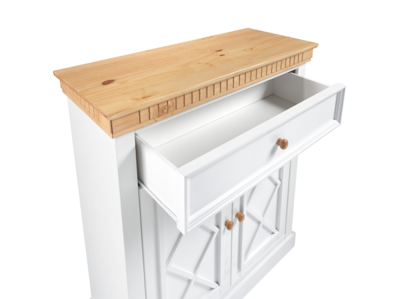 Cômoda com 2 portas e 1 gaveta na cor branco laca e mel dourado  / Coleção Bavária