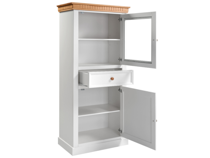 Estante cristaleira Gabinete com porta de vidro / porta de madeira e gaveta na cor branco laca e mel  dourado/ Coleção Bavária