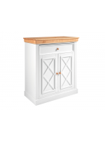 Cômoda com 2 portas e 1 gaveta na cor branco laca e mel dourado  / Coleção Bavária