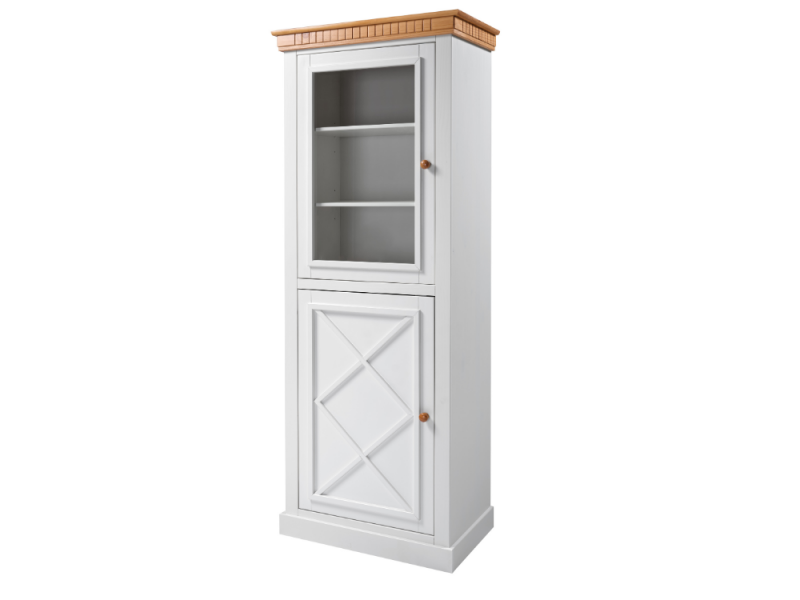 Vitrine Torre Cristaleira com porta de vidro e porta de madeira na cor branco laca e mel / Coleção Bavária