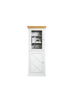 Vitrine Torre Cristaleira com porta de vidro e porta de madeira na cor branco laca e mel / Coleção Bavária