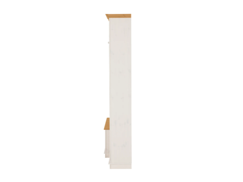 Rack com gavetas e painel de tv com prateleiras na cor branco lavado e mel / Coleção Biblioteca