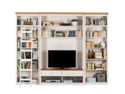 Estante grande para sala em madeira com rack para tv e escada na cor branco lavado e mel   / coleção biblioteca
