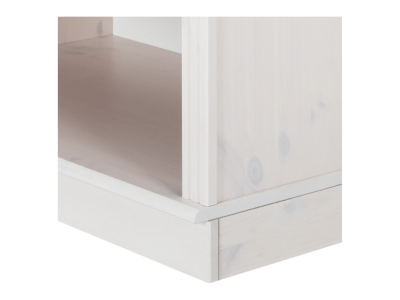 Rack com gavetas e painel de tv com prateleiras na cor branco lavado / Coleção Biblioteca