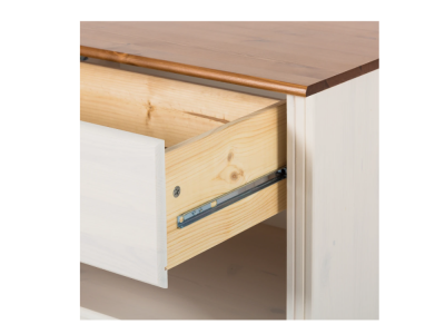 Rack com gavetas e painel de tv com prateleiras na cor branco lavado e mel / Coleção Biblioteca