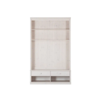 Rack com gavetas e painel de tv com prateleiras na cor branco lavado / Coleção Biblioteca