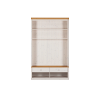 Rack com gavetas e painel de tv com prateleiras na cor branco lavado e mel / Coleção Biblioteca