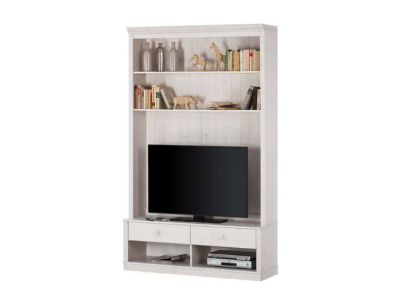Rack com gavetas e painel de tv com prateleiras na cor branco lavado / Coleção Biblioteca