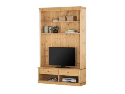 Rack com gavetas e painel de tv com prateleiras na cor cera / Coleção Biblioteca