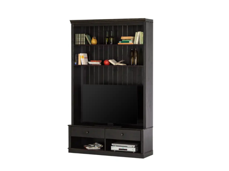 Rack com gavetas e painel de tv com prateleiras / Coleção Biblioteca