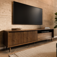 Rack com 1,80 metros com 2 portas e 1 porta basculante para sala de TV na cor castanho amadeirado / Coleção Jazz