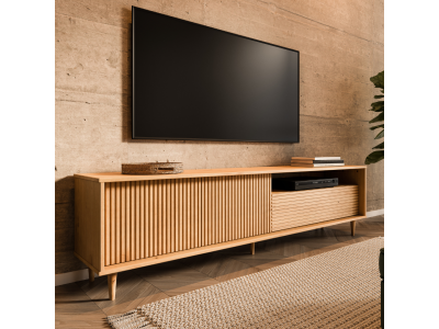 Rack com 1,80 metros com 2 portas e 1 porta basculante para sala de TV no acabamento em cera natural com toque acetinado / Coleção Jazz