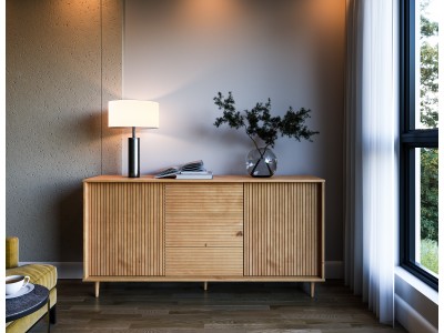 Balcão buffet com 1,60 metros com 2 portas e 3 gavetas no acabamento em cera natural com toque acetinado / Coleção Jazz