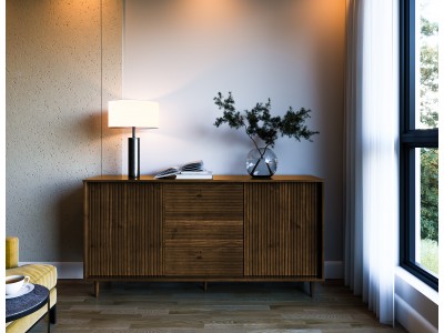 Balcão buffet com 1,60 metros com 2 portas e 3 gavetas na cor castanho amadeirado / Coleção Jazz