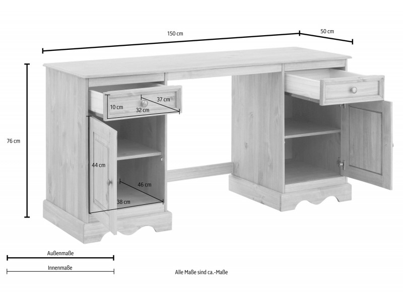 Escrivaninha de madeira com 2 portas e 2 gavetas branco lavado | Melissa 