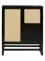 aparador buffet vertical de madeira cor preto com 2 portas em palhinha indiana e 3 gavetas / coleção acapulco 