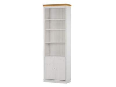 Estante alta com 2,20m para biblioteca com porta de madeira na cor branco lavado e mel / coleção biblioteca