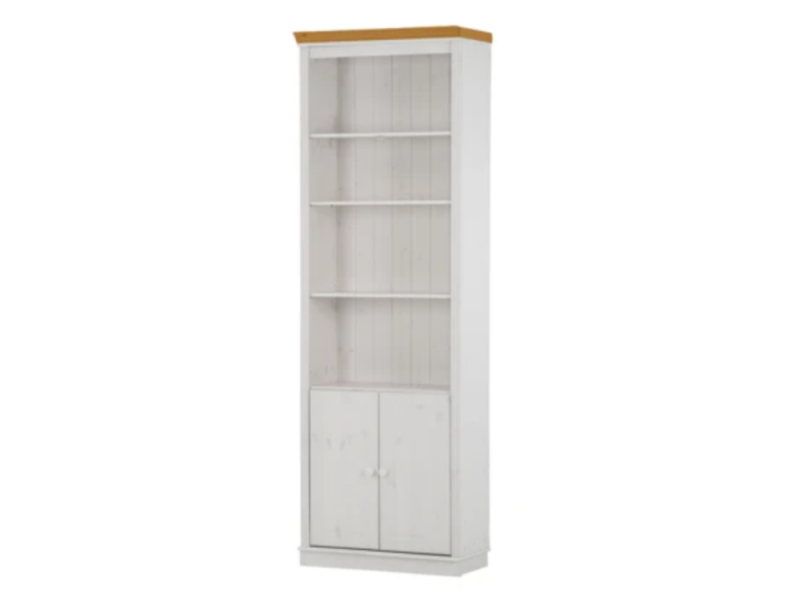 Estante alta com 2,20m para biblioteca com porta de madeira na cor branco lavado e mel / coleção biblioteca