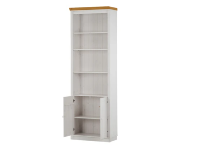 Estante alta com 2,20m para biblioteca com porta de madeira na cor branco lavado e mel / coleção biblioteca