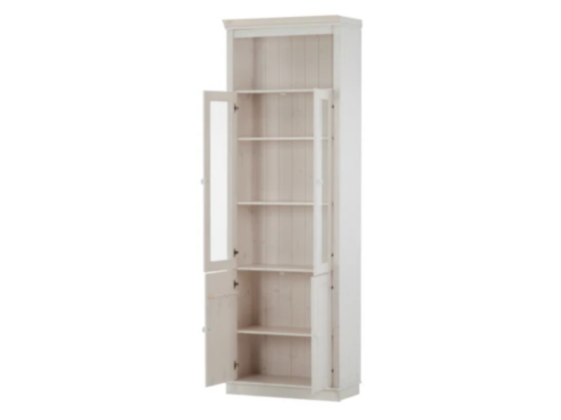 Estante alta com 2,20m para biblioteca com porta de vidro e porta de madeira na cor branco lavado / coleção biblioteca