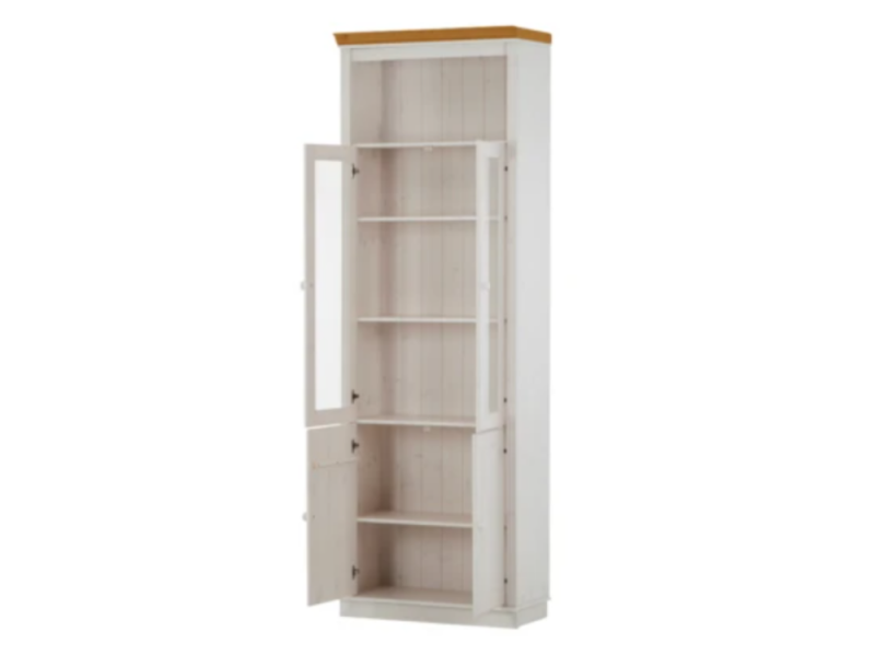 Estante alta com 2,20m para biblioteca com porta de vidro e porta de madeira na cor branco lavado e mel / coleção biblioteca