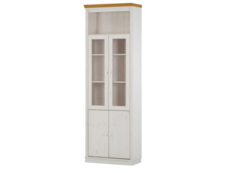 Estante alta com 2,20m para biblioteca com porta de vidro e porta de madeira na cor branco lavado e mel / coleção biblioteca