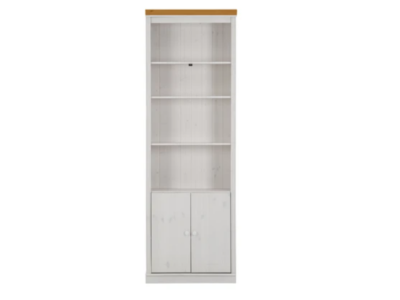 Estante alta com 2,20m para biblioteca com porta de madeira na cor branco lavado e mel / coleção biblioteca