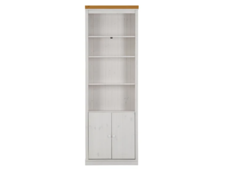 Estante alta com 2,20m para biblioteca com porta de madeira na cor branco lavado e mel / coleção biblioteca