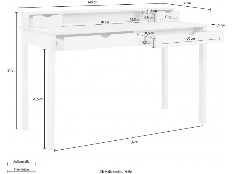 Escrivaninha de madeira 140cm branco lavado com 2 gavetas grande e 2 gavetas pequenas / gava