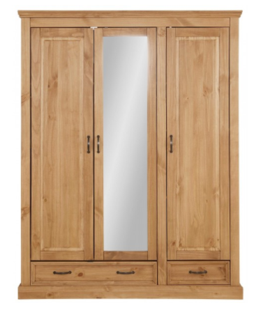 Guarda roupas de madeira maciça rústica com 3 porta 2 gavetas e espelho acabamento em cera