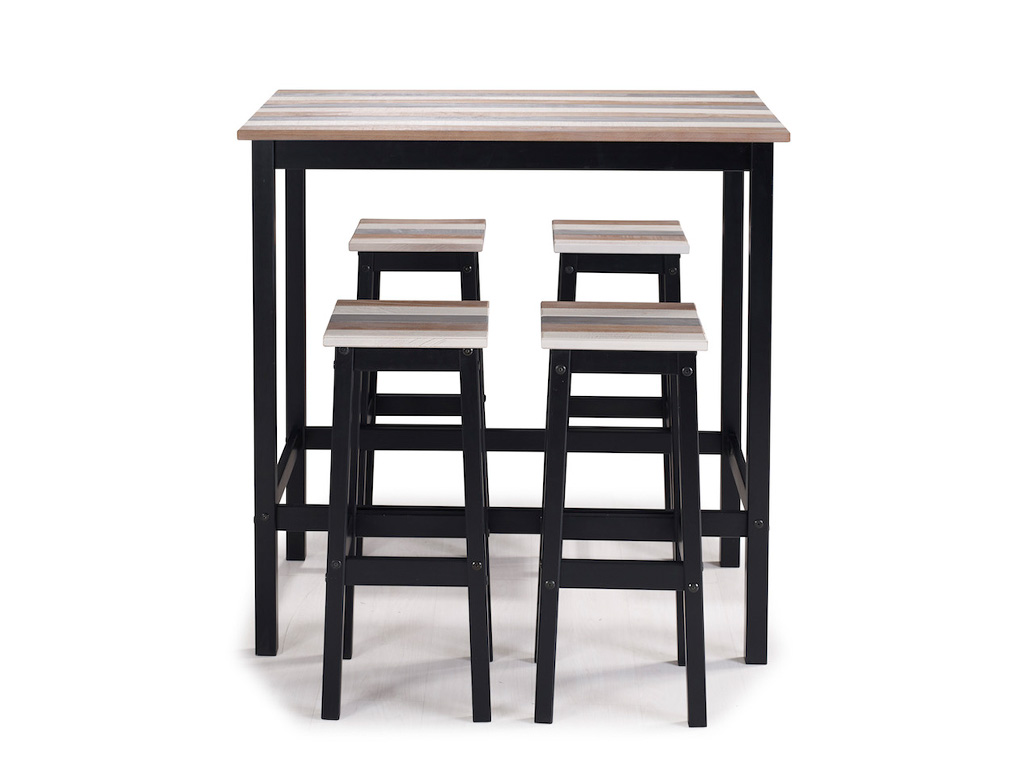 Conjunto com 1 Mesa Alta de Madeira e 4 Banquetas Alta / Turner