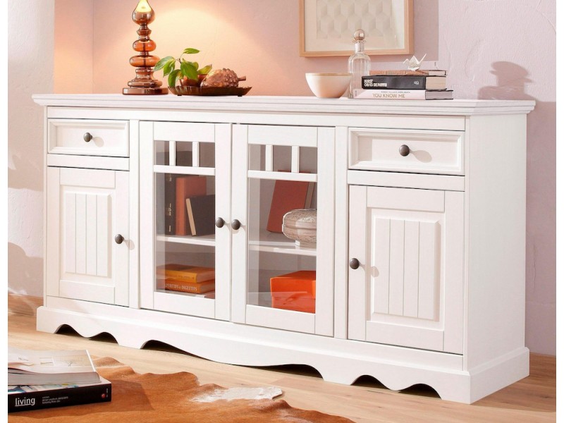 Balcão aparador buffet branco lavado de madeira maciça com 2 portas de vidro e 2 portas de madeira e 2 gavetas branco lavado | Melissa